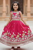 Fuchsia Pink Floral Embroidered Lehenga Choli Set For Girls