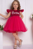 Barbie Sequined Pink Net Frock With Ruffled Sleeves For Girls