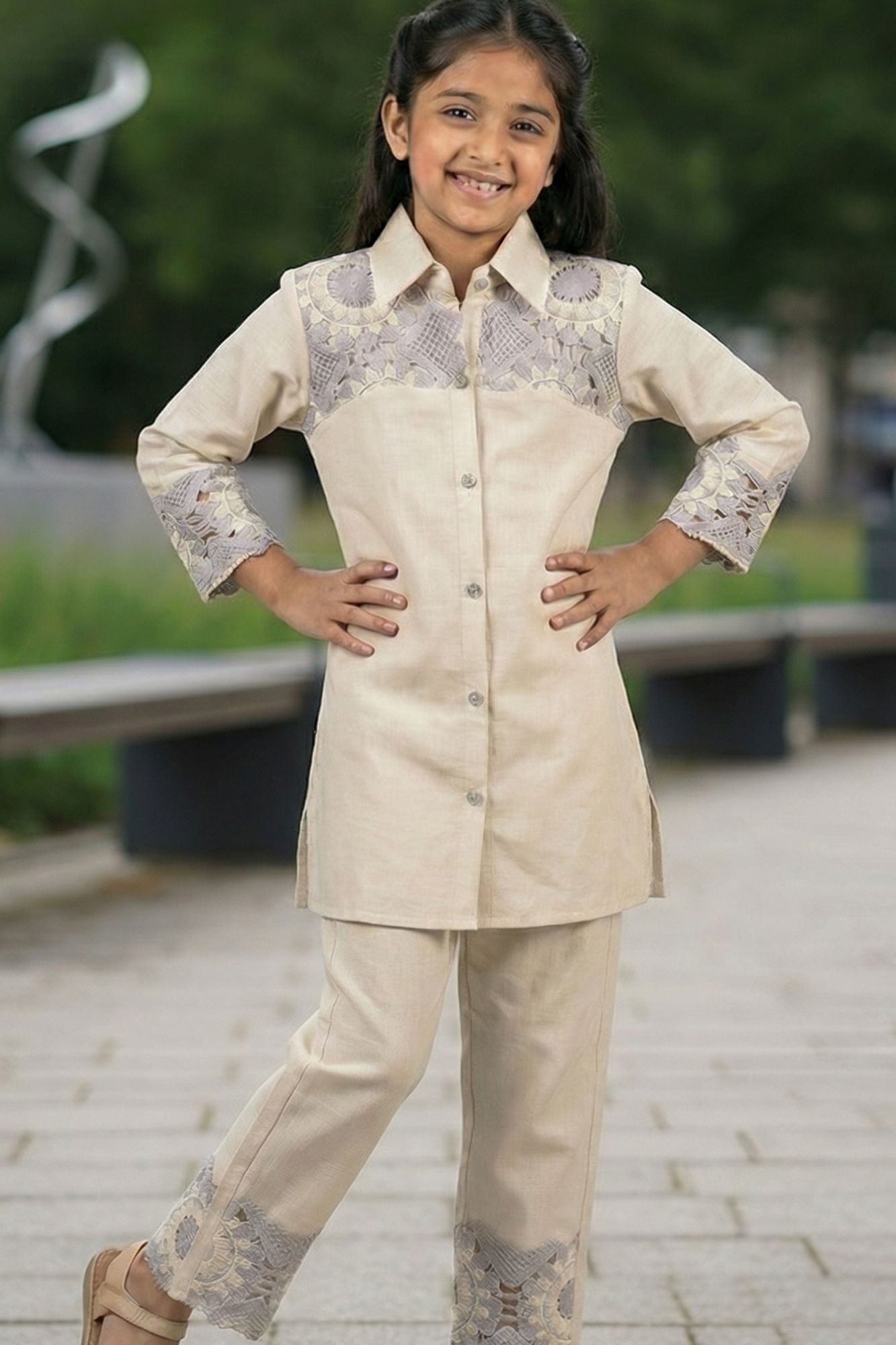 Cream Patchwork Casual Co-ord Set for Girls