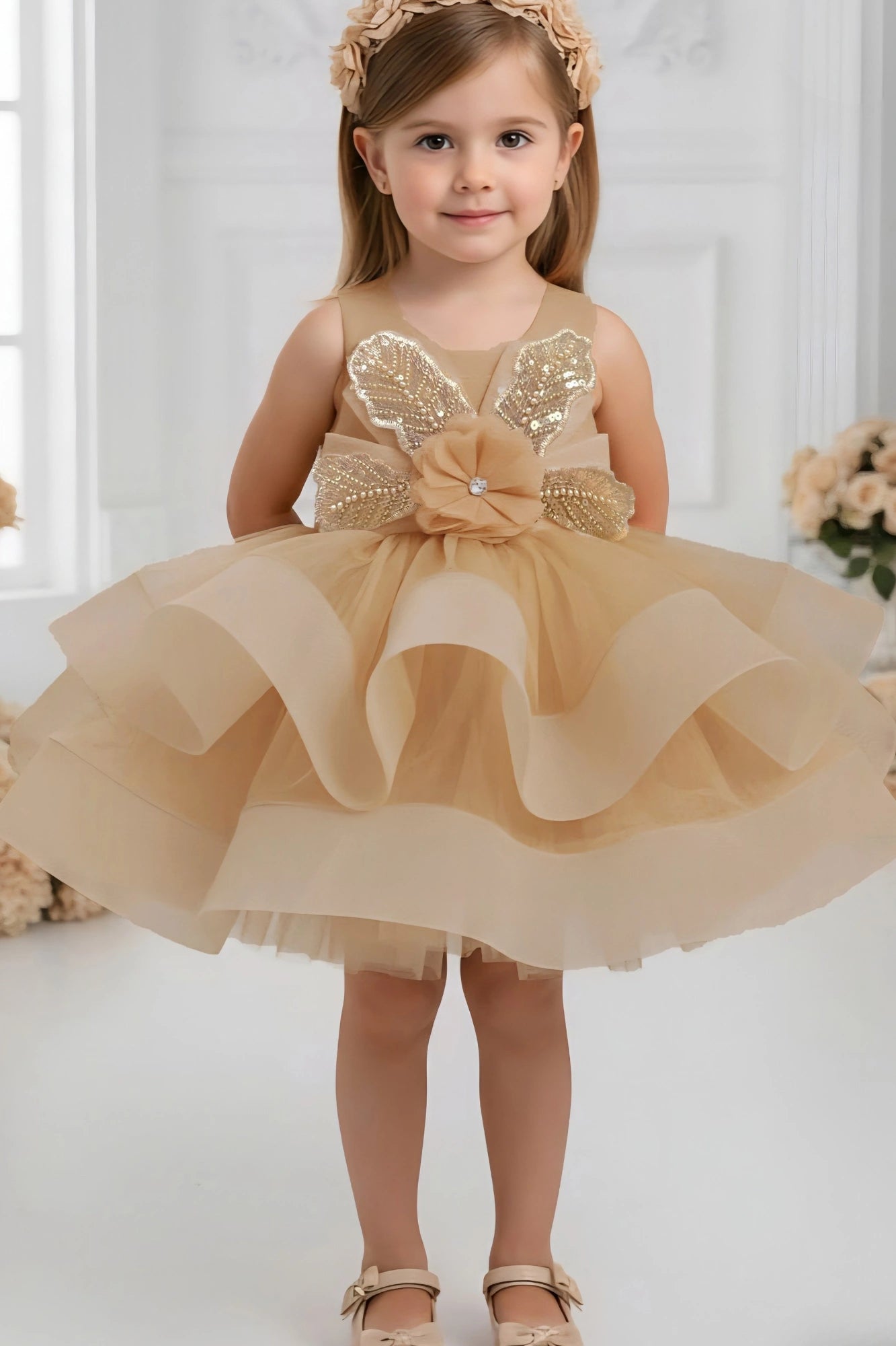 Golden Party Frock with Sequin Bow Accent For Girls