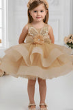 Golden Party Frock with Sequin Bow Accent For Girls
