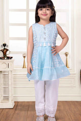 Blue Embroidered And Straight Kurta And Pant Set For Girls