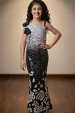 Black One-Shoulder Sequin Embellished Mermaid Gown For Girls