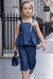 Girls Denim Co-Ord Set with Peplum Top And Culotte Pants