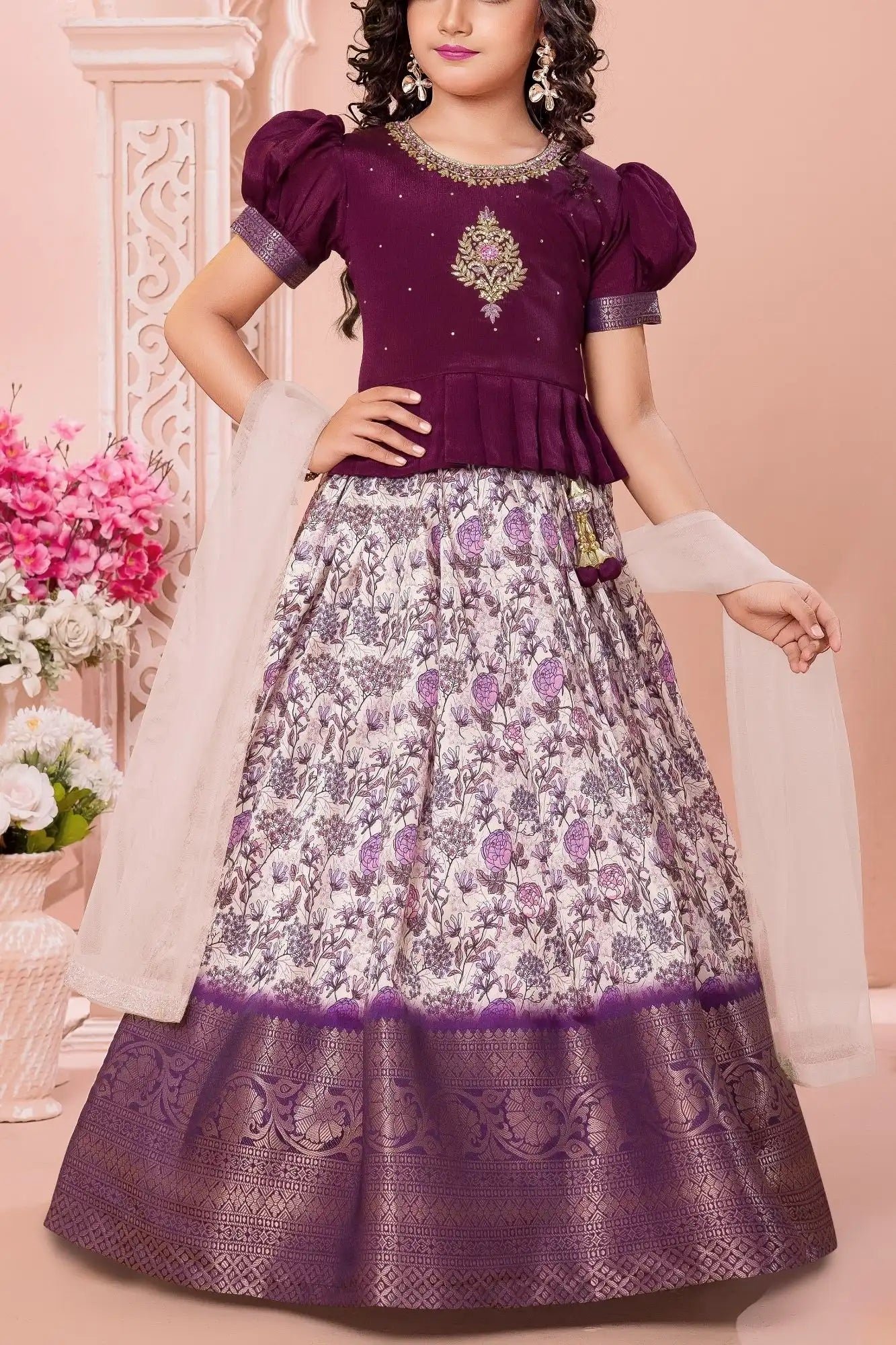 Purple Printed Pattu Pavadai Set with Zari Work For Girls