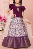 Purple Printed Pattu Pavadai Set with Zari Work For Girls