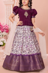 Purple Printed Pattu Pavadai Set with Zari Work For Girls