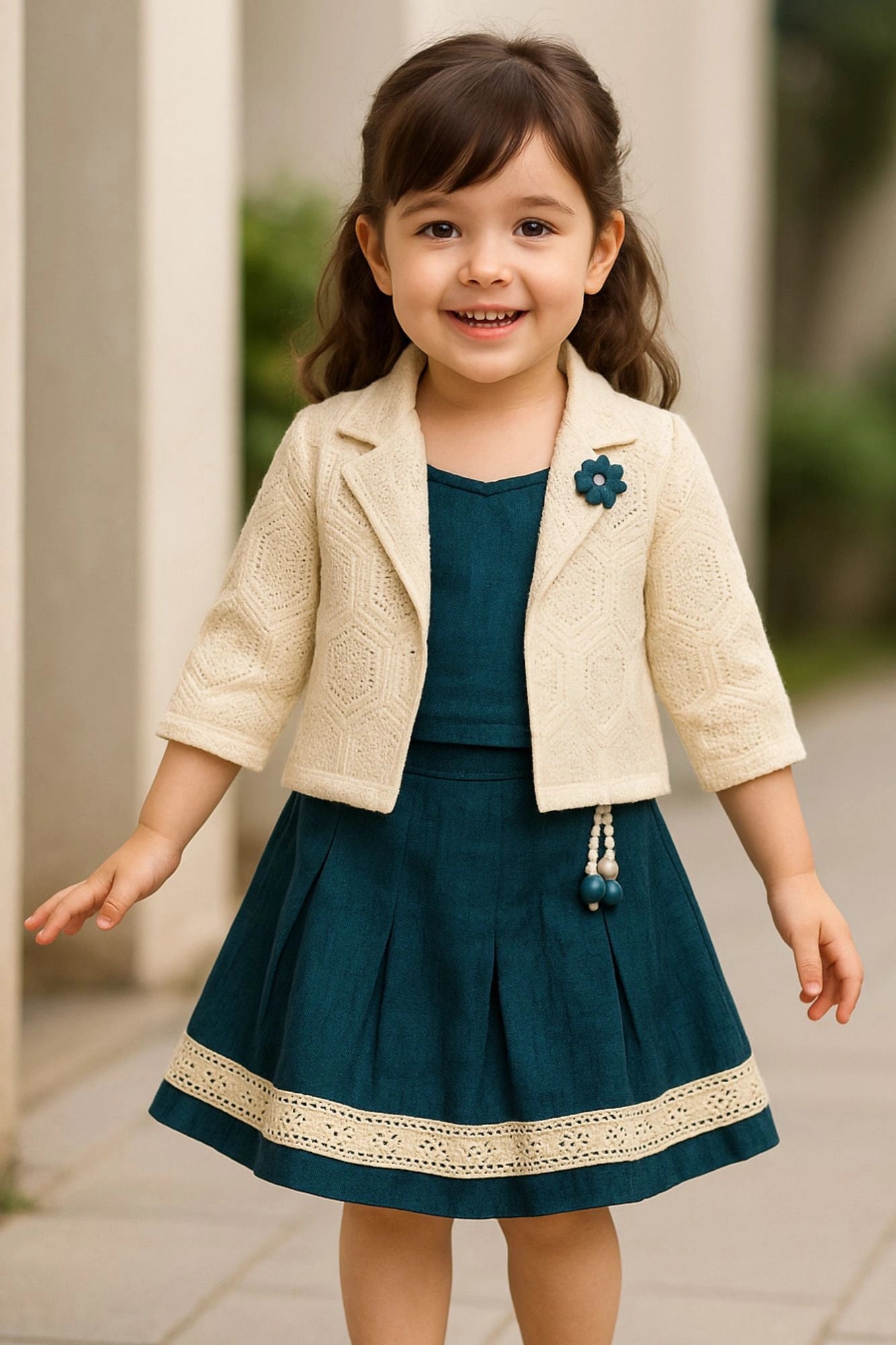 Teal Pleated Skirt Set with Cream Crochet Jacket For Girls