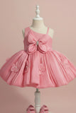 Peach Party Wear Frock with 3D Floral Appliqué and Bow Accent For Girls