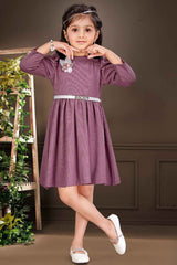 Purple Casual Frock With Waist Belt For Girls