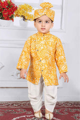 Yellow Full Sleeves Bandhani Printed Kurta Set For Boys