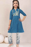 Blue Kurta Set with Embroidered Yoke & White Printed Pants For Girls