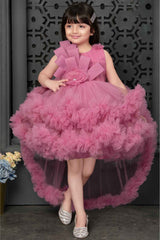 Onion Pink Sleeveless And Floral Embellished Tail Back Frock For Girls