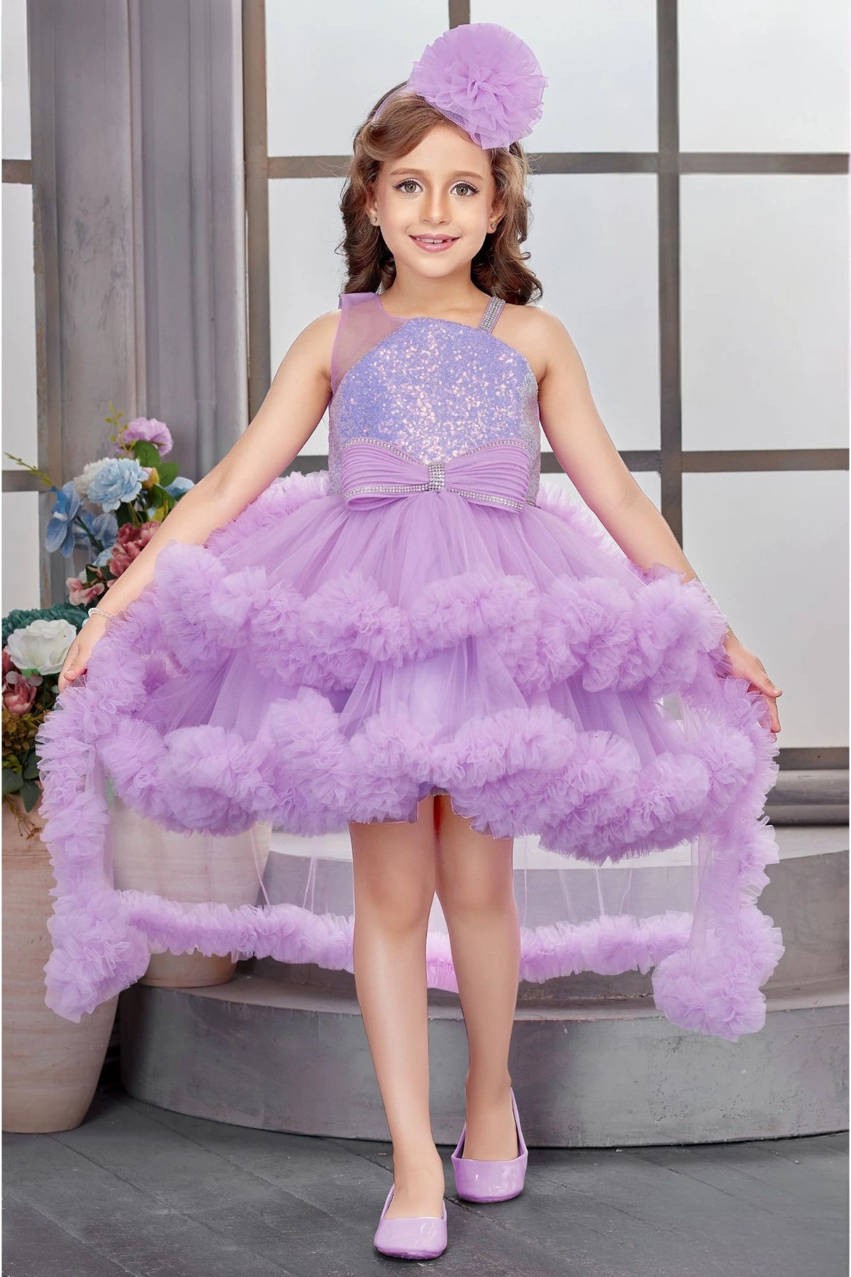Lavender Sequin Embellished High-Low Party Dress with Ruffle Hem For Girls