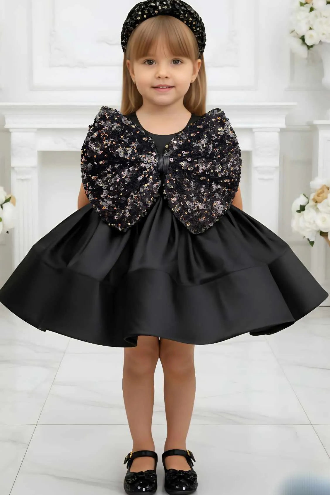 Black Sequin Bow Party Frock For Girls