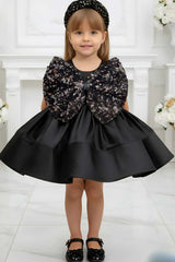 Black Sequin Bow Party Frock For Girls