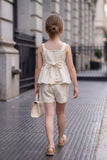 Girls Cream Peplum Top And Shorts Co-Ord Set with Floral Applique