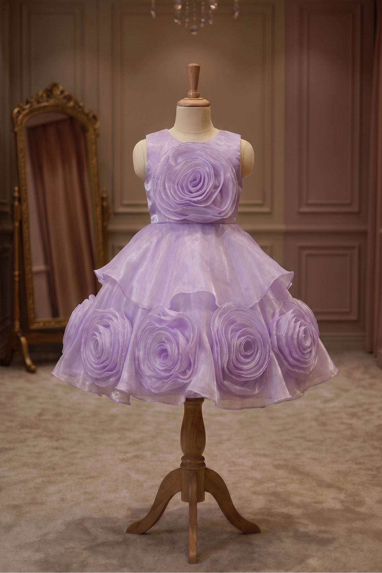 Lavender Embellished Party Wear Frock with 3D Rose Appliqué For Girls