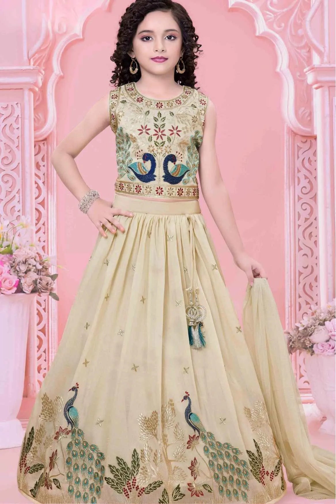 Cream Lehenga Choli Set With Peacock Embroidery And Dupatta For Girls