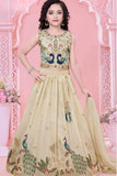 Cream Lehenga Choli Set With Peacock Embroidery And Dupatta For Girls
