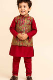 Maroon Kurta Set With Multicolor Brocade Jacket For Boys