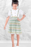 Multicolour Ajrakh Printed Dungaree Set With White Shirt For Girls