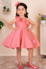 Peach Sleeveless With Floral Embellishment And Pearl Frock For Girls