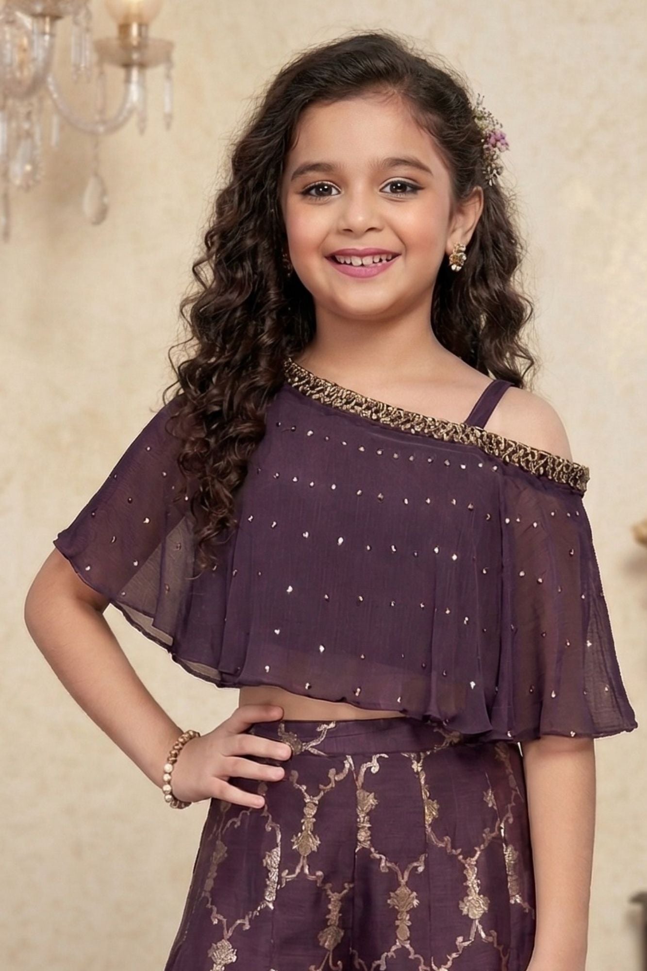 Wine One-Shoulder Cape Top With Gold Foil Print Palazzo Set For Girls