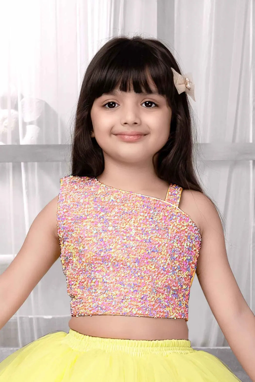Lemon Yellow Frill Skirt with Multicolor Sequin One-Shoulder Top For Girls