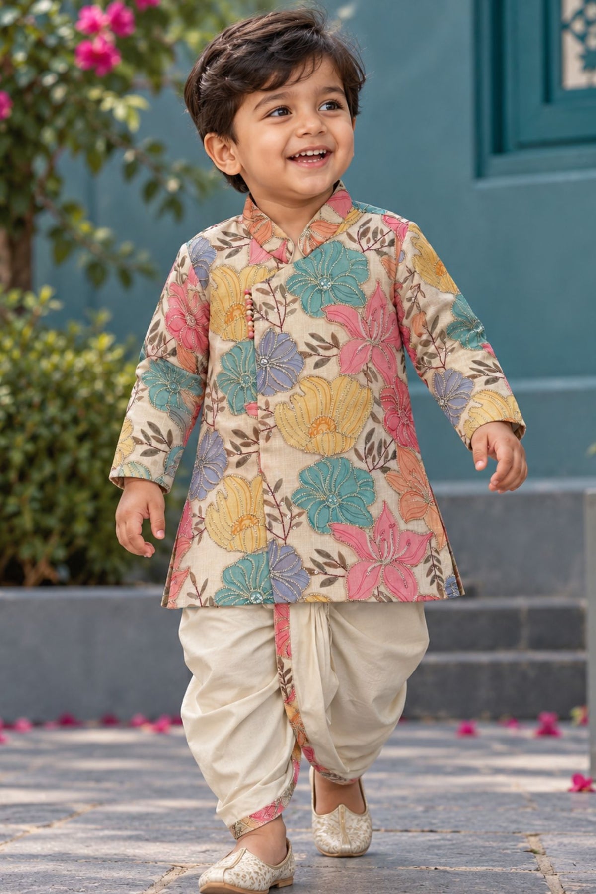 Boys Beige with Multicolor Floral Prints With Silver Embroidered Dhoti Set