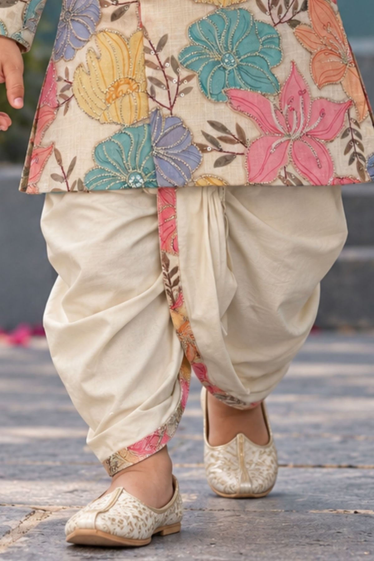 Boys Beige with Multicolor Floral Prints With Silver Embroidered Dhoti Set
