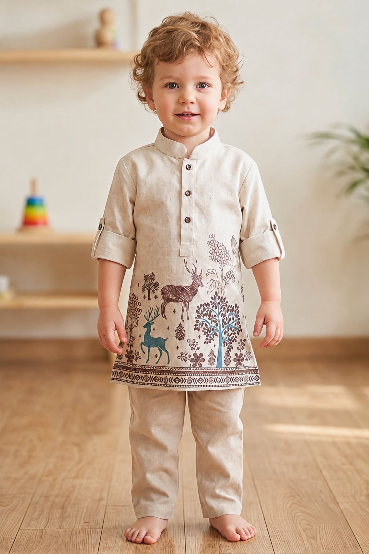 Boys Cream Deer & Forest Printed Kurta Pant Set