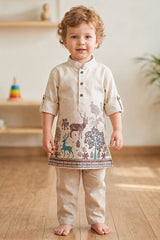 Boys Cream Deer & Forest Printed Kurta Pant Set