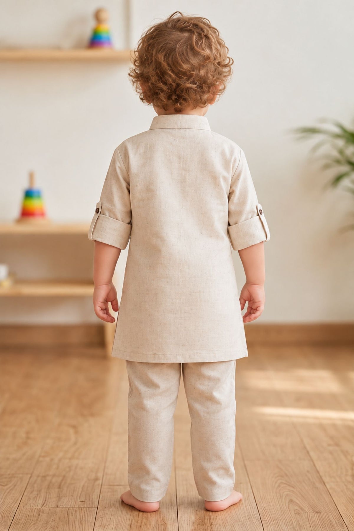 Boys Cream Deer & Forest Printed Kurta Pant Set