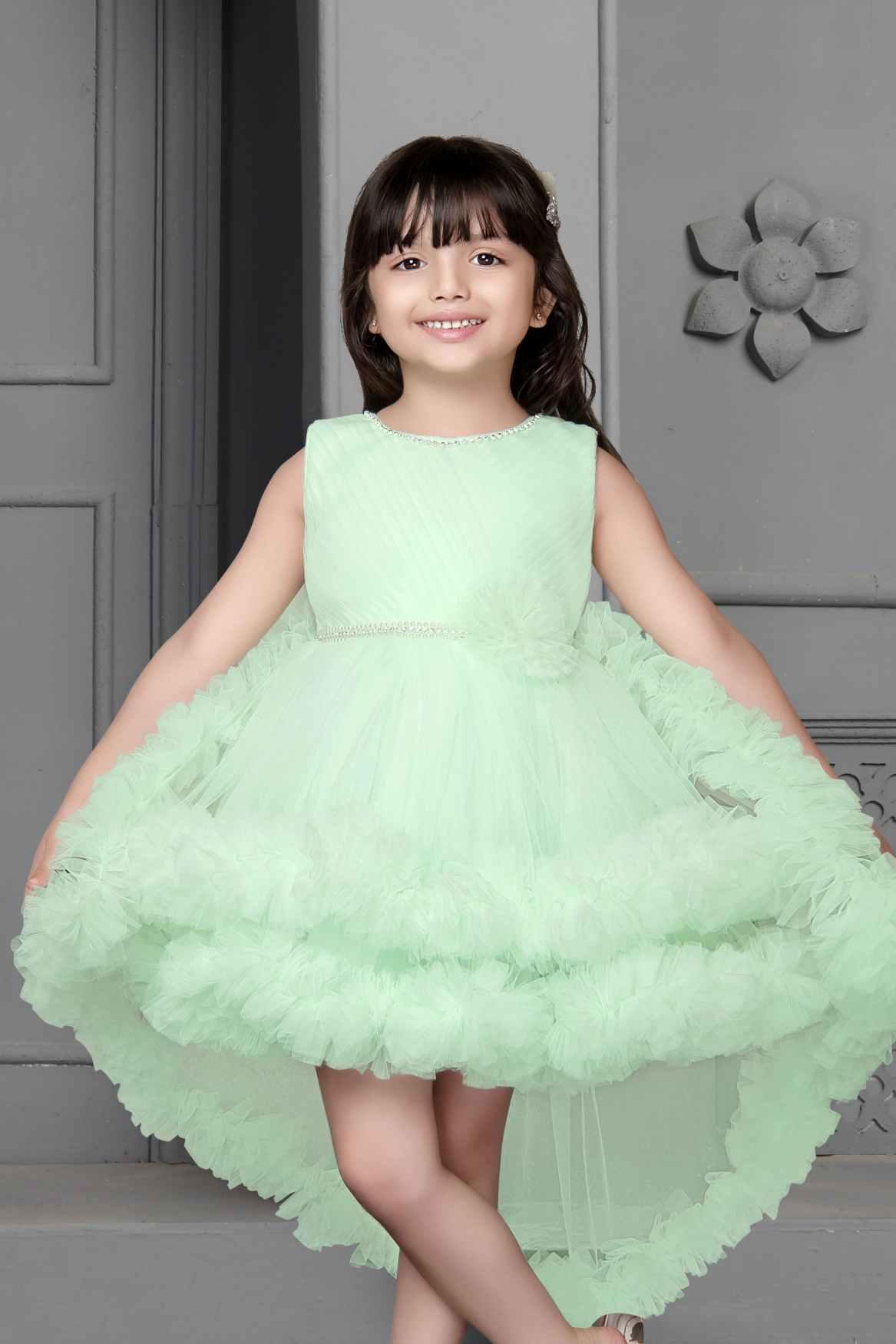 Green Net Multilayer With Ruffle Frock For Girls - Lagorii Kids