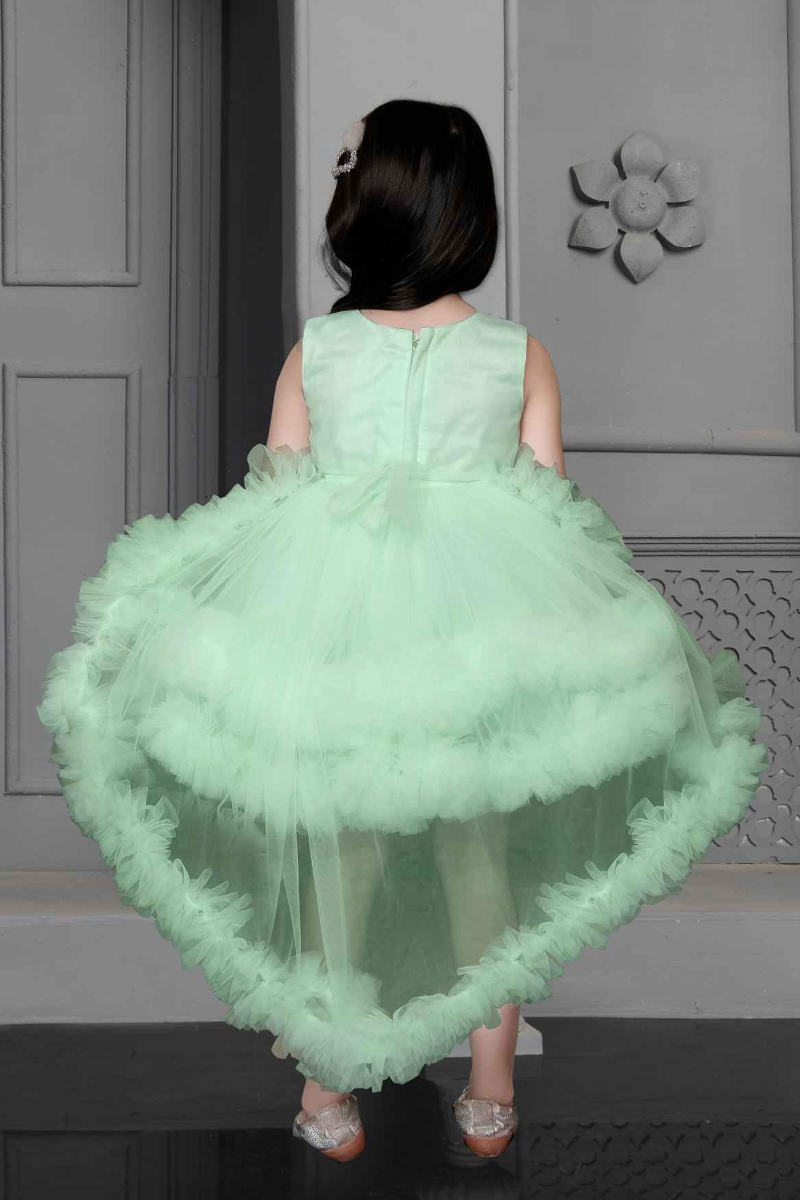 Green Net Multilayer With Ruffle Frock For Girls - Lagorii Kids