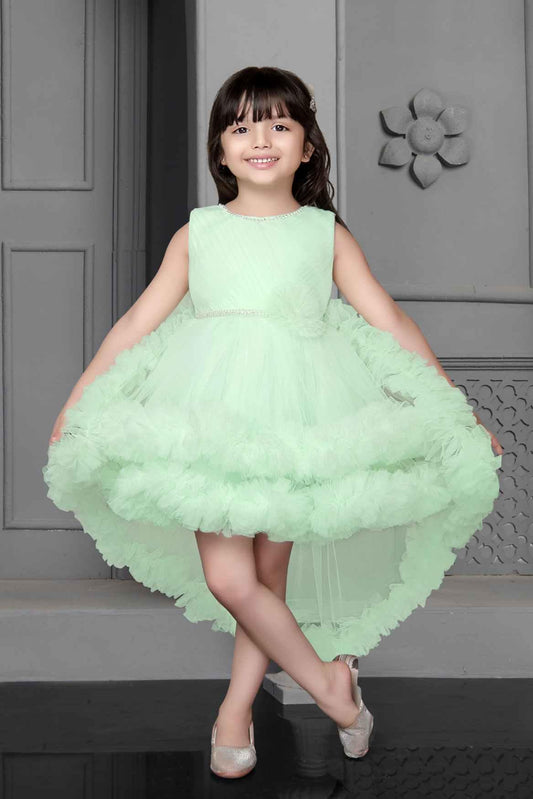 Green Net Multilayer With Ruffle Frock For Girls - Lagorii Kids