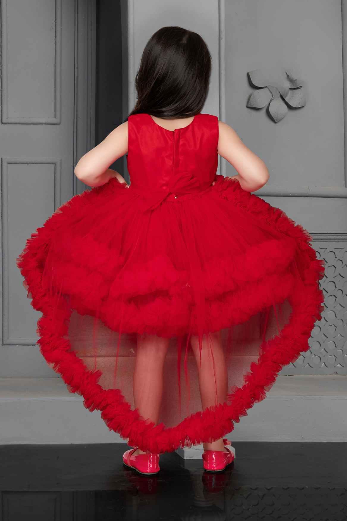 Red Net Multilayer With Ruffle Frock For Girls - Lagorii Kids