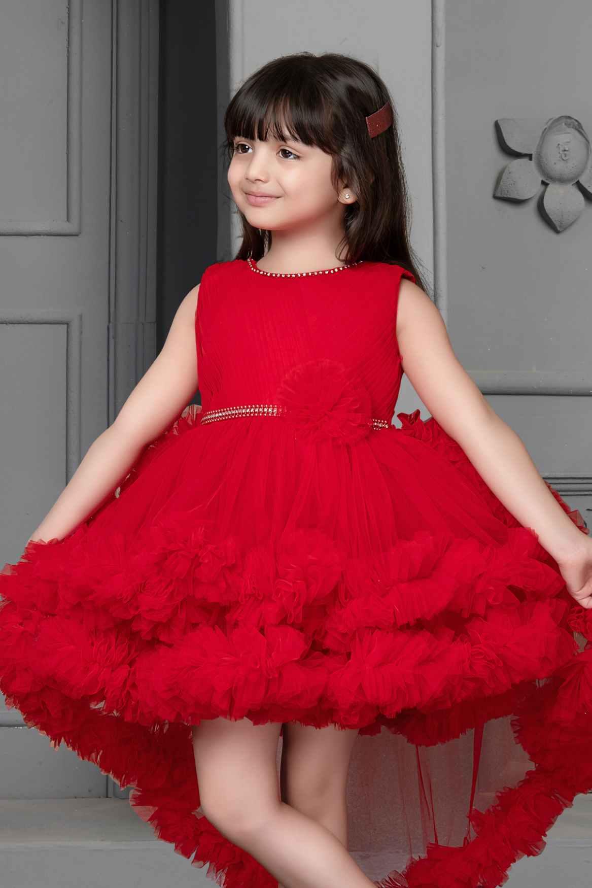 Red Net Multilayer With Ruffle Frock For Girls - Lagorii Kids