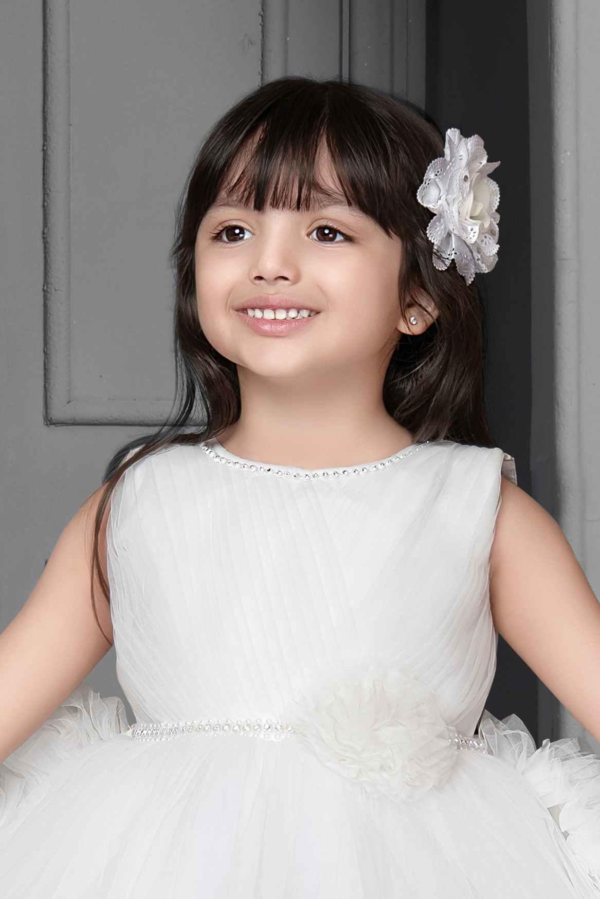 White Net Multilayer With Ruffle Frock For Girls - Lagorii Kids