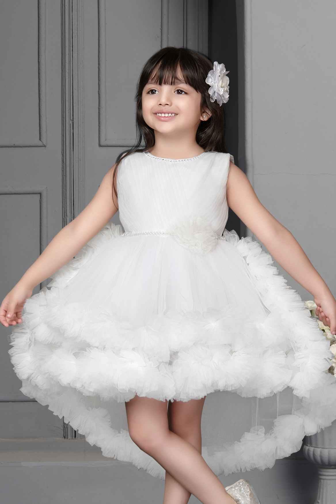 White Net Multilayer With Ruffle Frock For Girls - Lagorii Kids