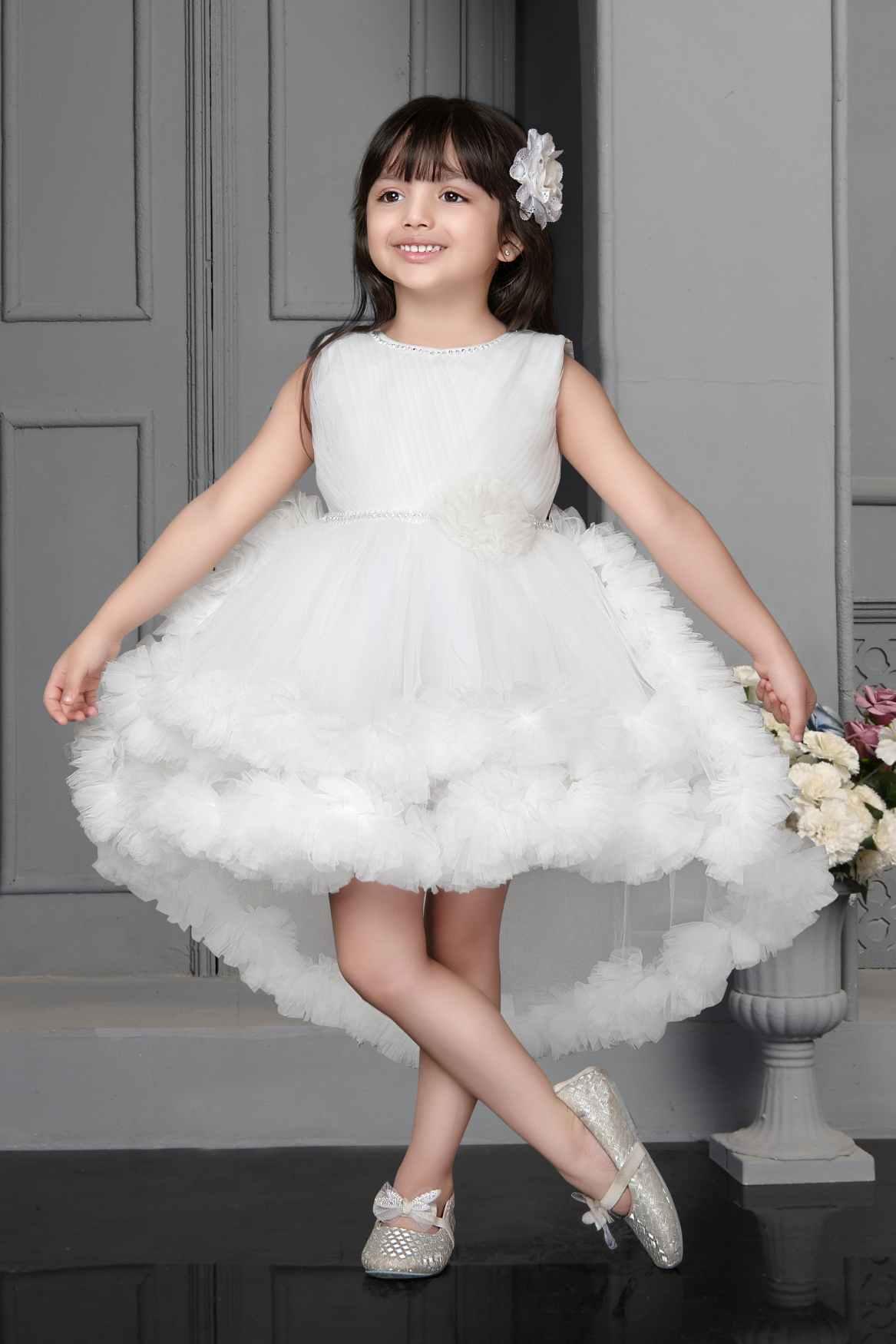 White Net Multilayer With Ruffle Frock For Girls - Lagorii Kids