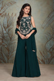 Girls Rama Green Silver Embroidered Sleeveless Palazzo Set With Dupatta