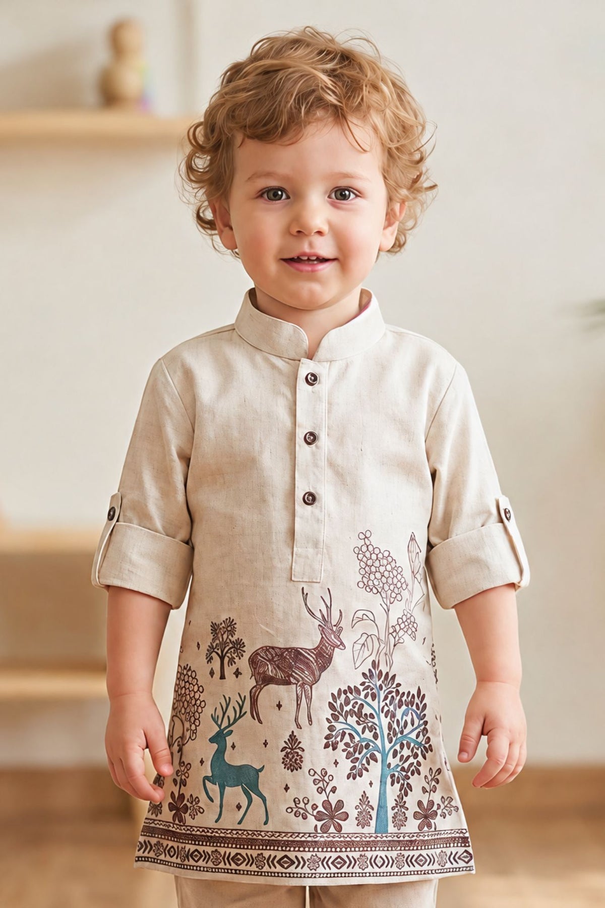 Boys Cream Deer & Forest Printed Kurta Pant Set