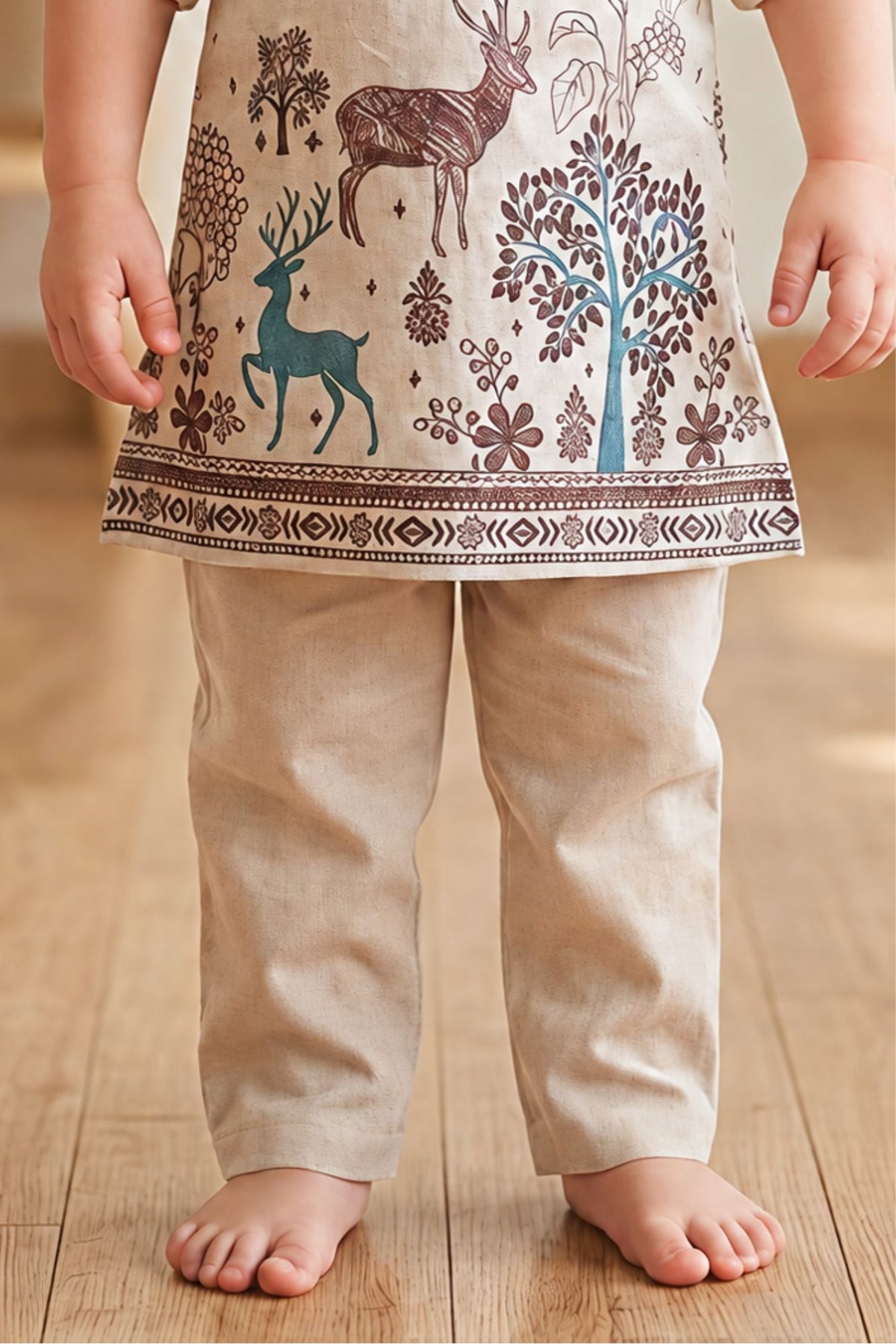 Boys Cream Deer & Forest Printed Kurta Pant Set