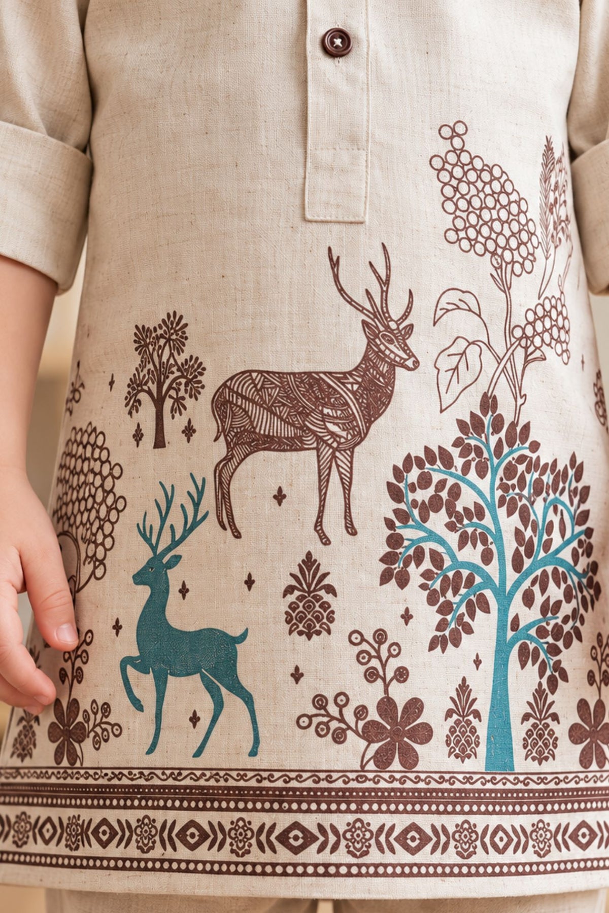 Boys Cream Deer & Forest Printed Kurta Pant Set