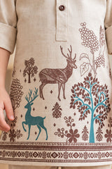 Boys Cream Deer & Forest Printed Kurta Pant Set