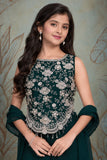 Girls Rama Green Silver Embroidered Sleeveless Palazzo Set With Dupatta