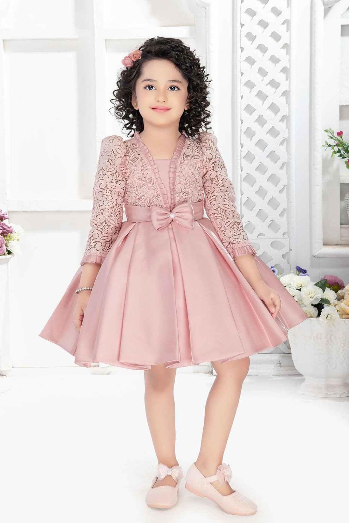 Designer Peach Embellished Satin Frock With Bishop Sleeves For Girls - Lagorii Kids