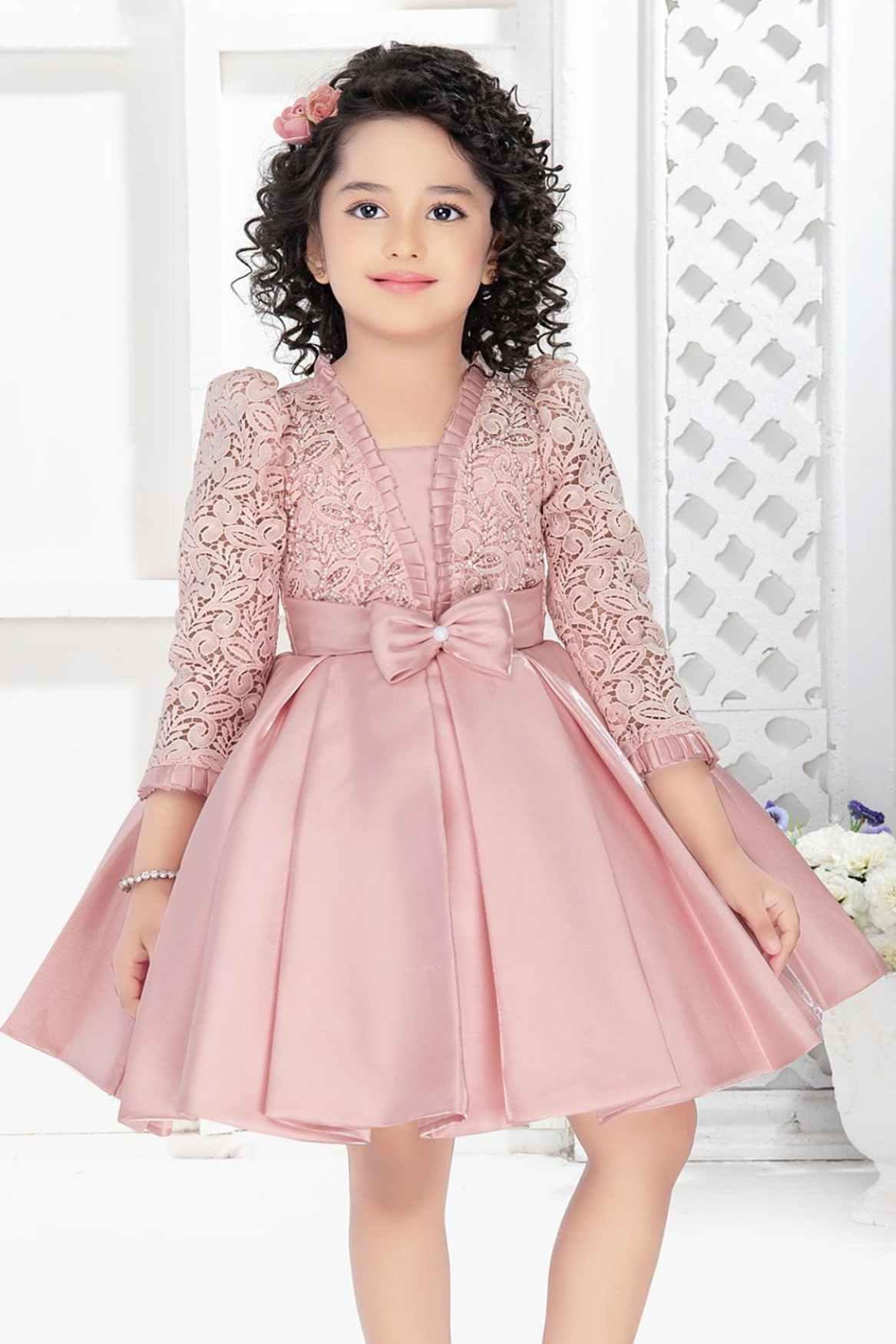 Designer Peach Embellished Satin Frock With Bishop Sleeves For Girls - Lagorii Kids